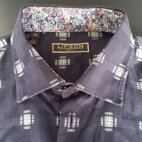 Lipson SZ LG Button Down Men's Shirt 100% Cotton Navy with Red & Green Accents - Picture 14 of 15